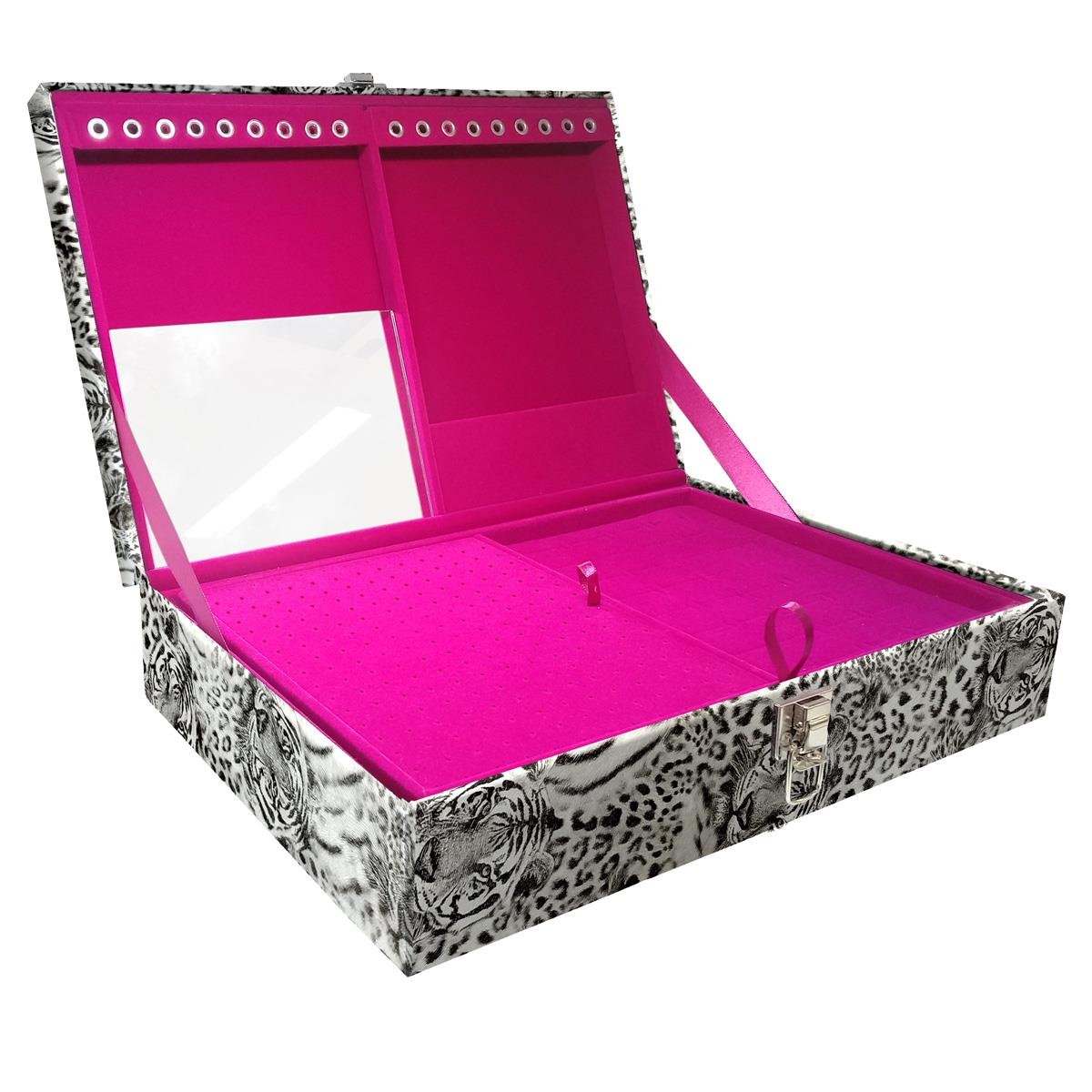 Estojo Maleta Porta Jóias Duplo Grande Cara De Onça Tigre Cinza Sem Alça e Com Espelho