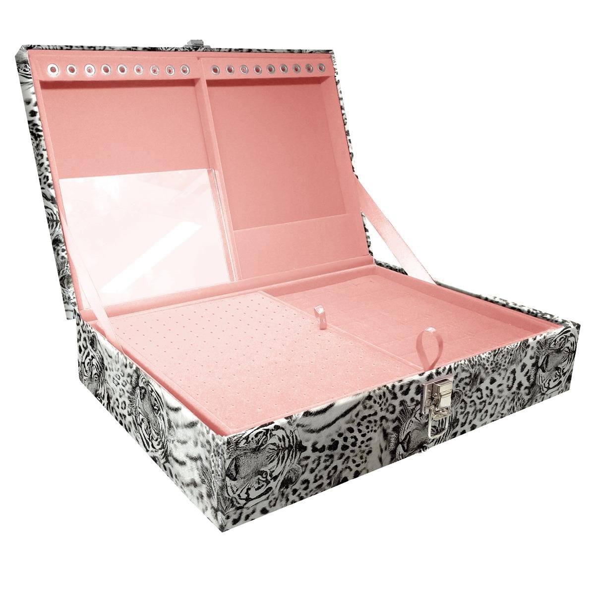 Estojo Maleta Porta Jóias Duplo Grande Cara De Onça Tigre Cinza Sem Alça e Com Espelho