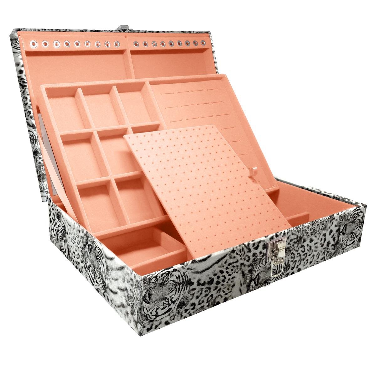 Estojo Maleta Porta Jóias Duplo Grande Cara De Onça Tigre Cinza Sem Alça e Com Espelho