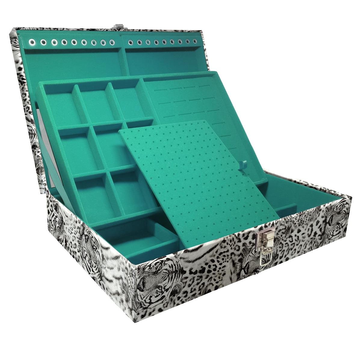 Estojo Maleta Porta Jóias Duplo Grande Cara De Onça Tigre Cinza Sem Alça e Com Espelho