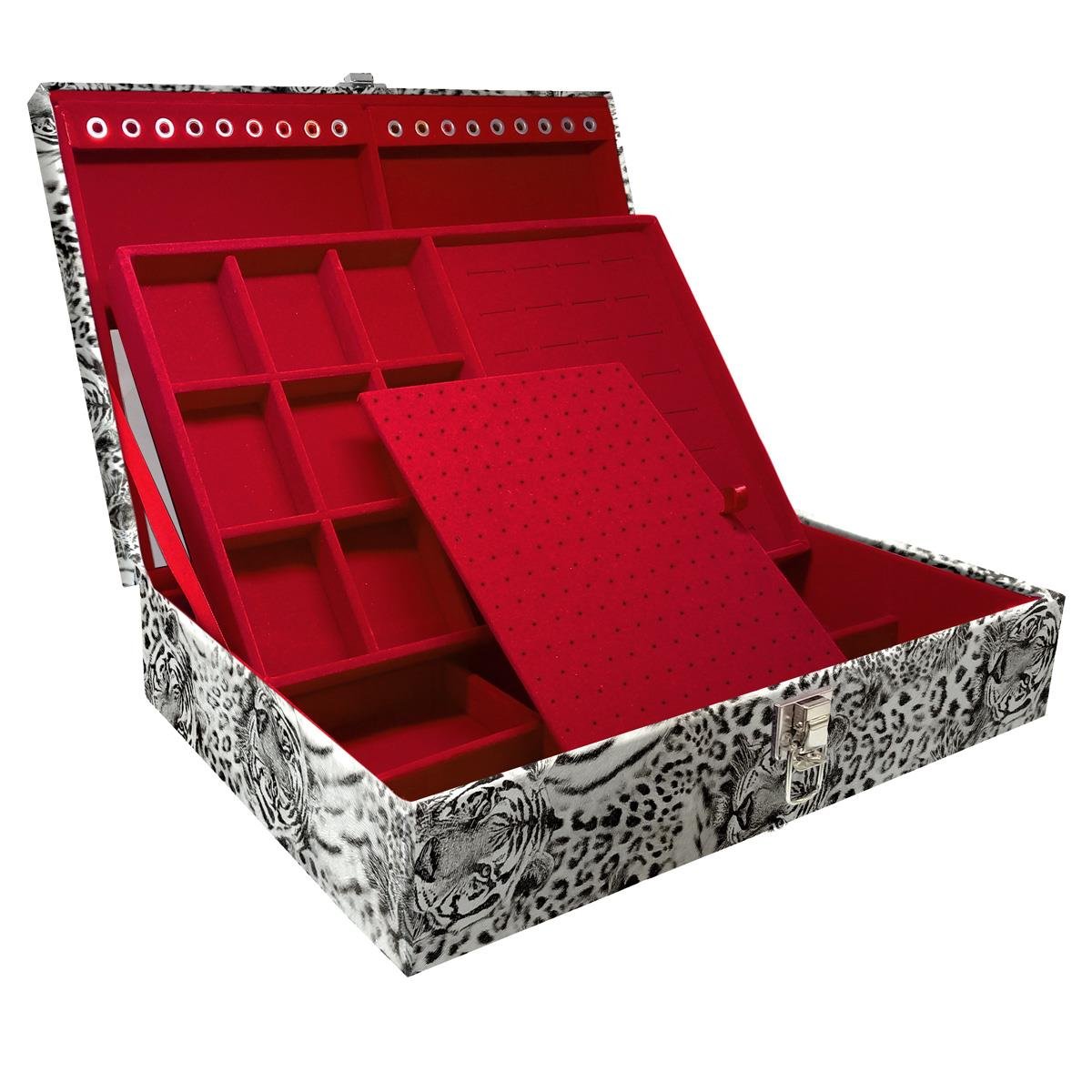 Estojo Maleta Porta Jóias Duplo Grande Cara De Onça Tigre Cinza Sem Alça e Com Espelho