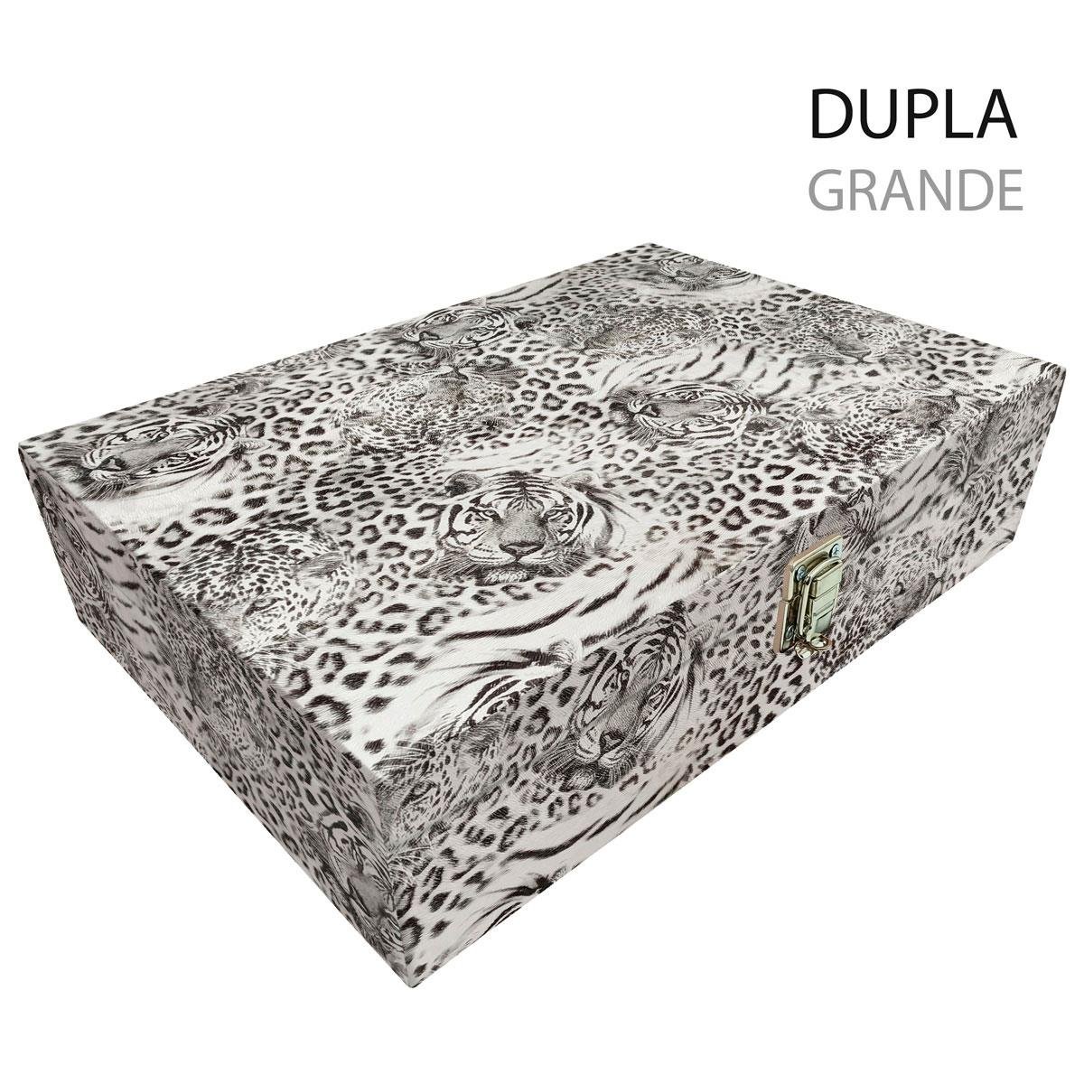 Estojo Maleta Porta Jóias Duplo Grande Cara De Onça Tigre Cinza Sem Alça e Com Espelho