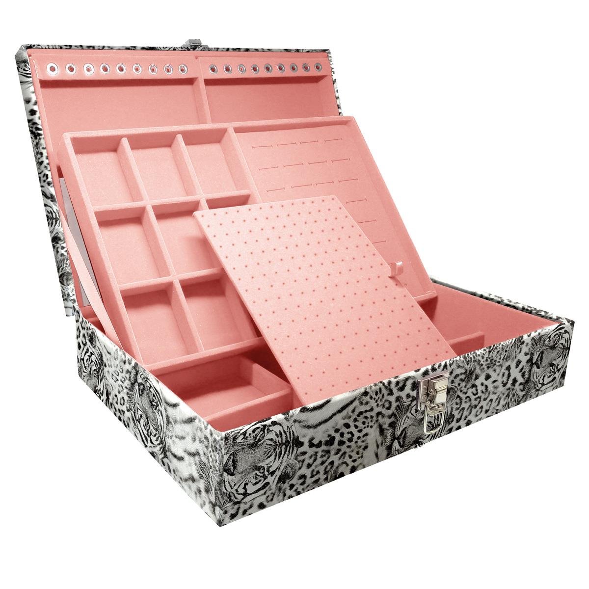 Estojo Maleta Porta Jóias Duplo Grande Cara De Onça Tigre Cinza Sem Alça e Com Espelho