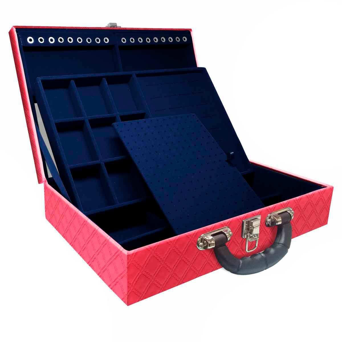 Estojo Maleta Porta Jóias Duplo Grande Channel Pink Metalizada Com Alça Preta e Espelho