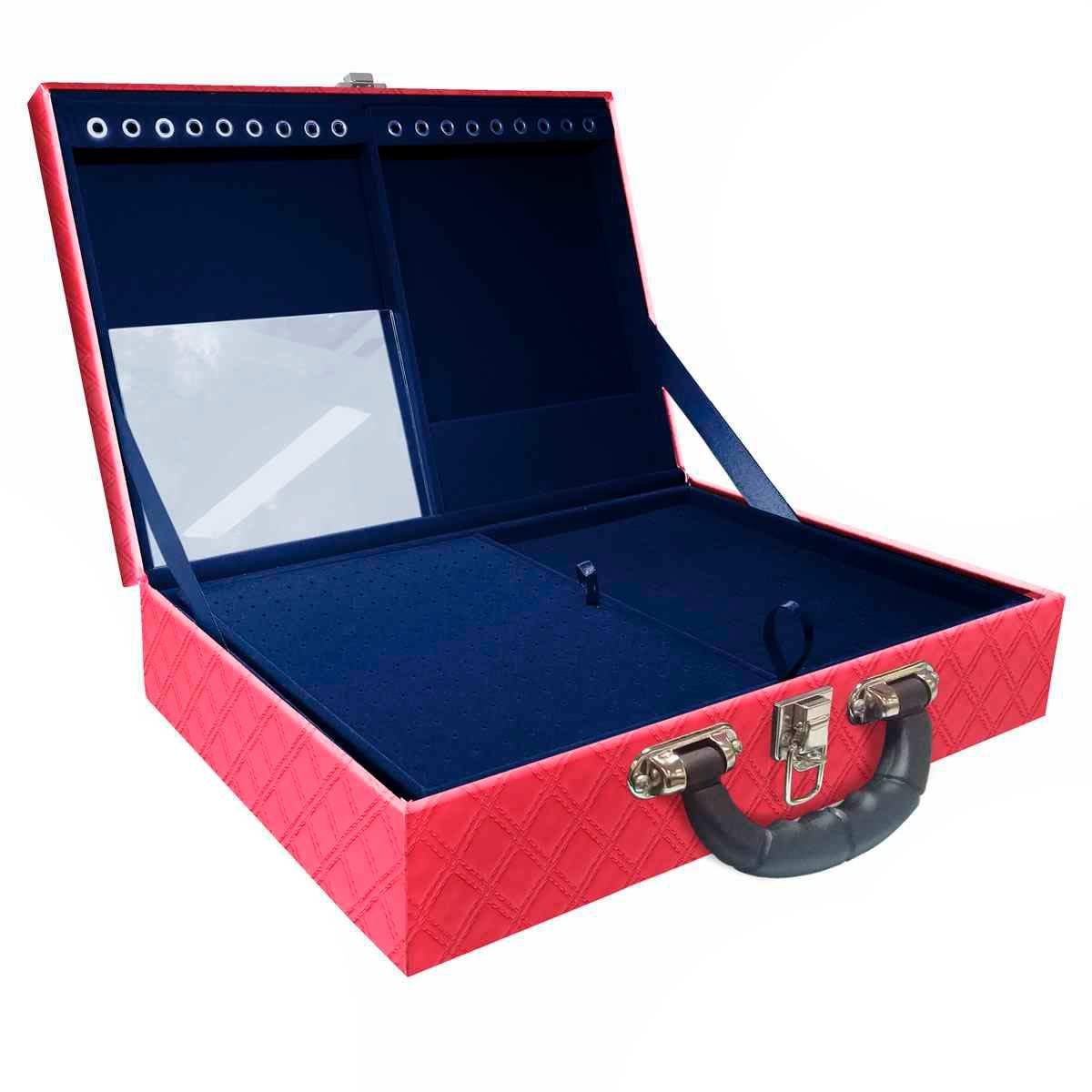 Estojo Maleta Porta Jóias Duplo Grande Channel Pink Metalizada Com Alça Preta e Espelho