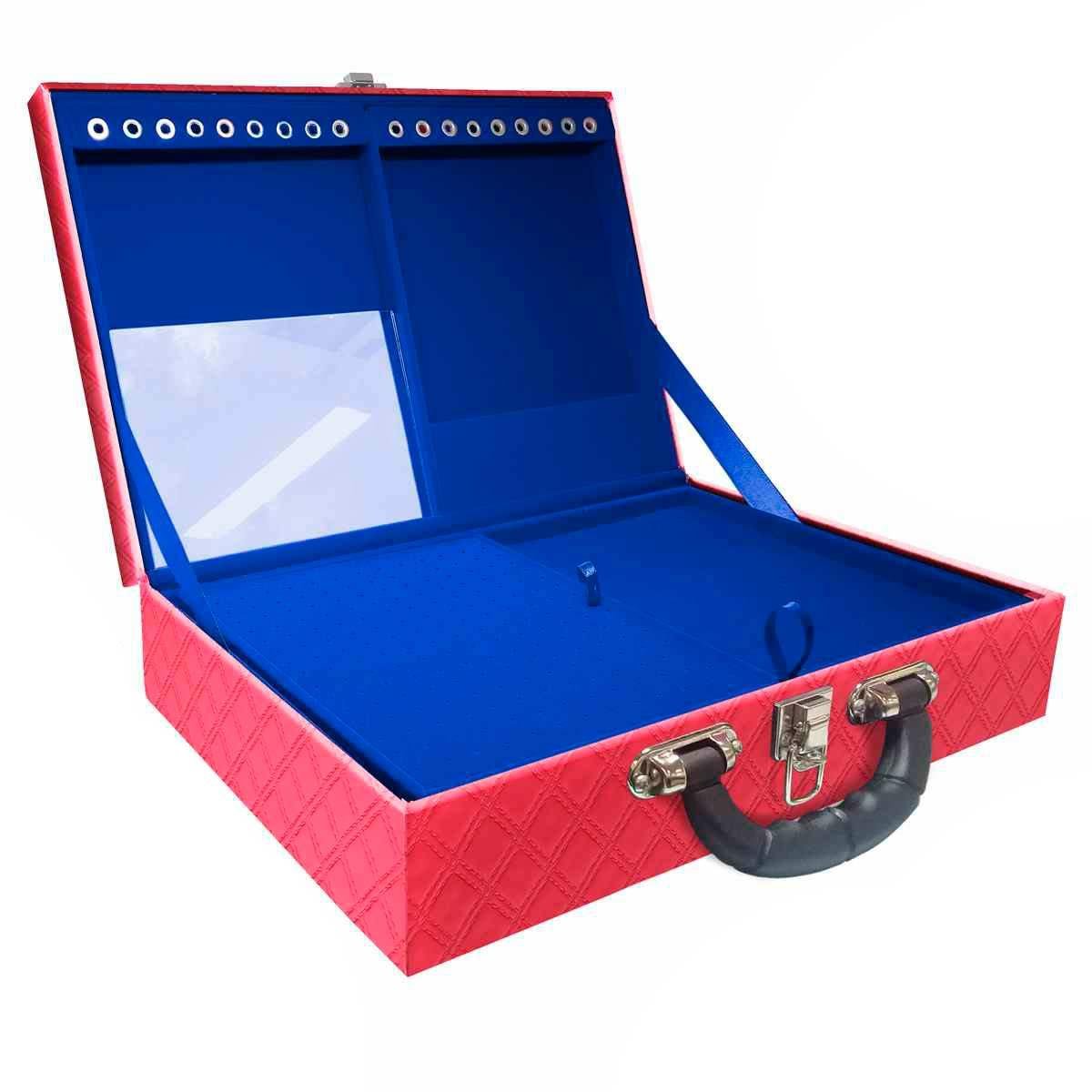 Estojo Maleta Porta Jóias Duplo Grande Channel Pink Metalizada Com Alça Preta e Espelho