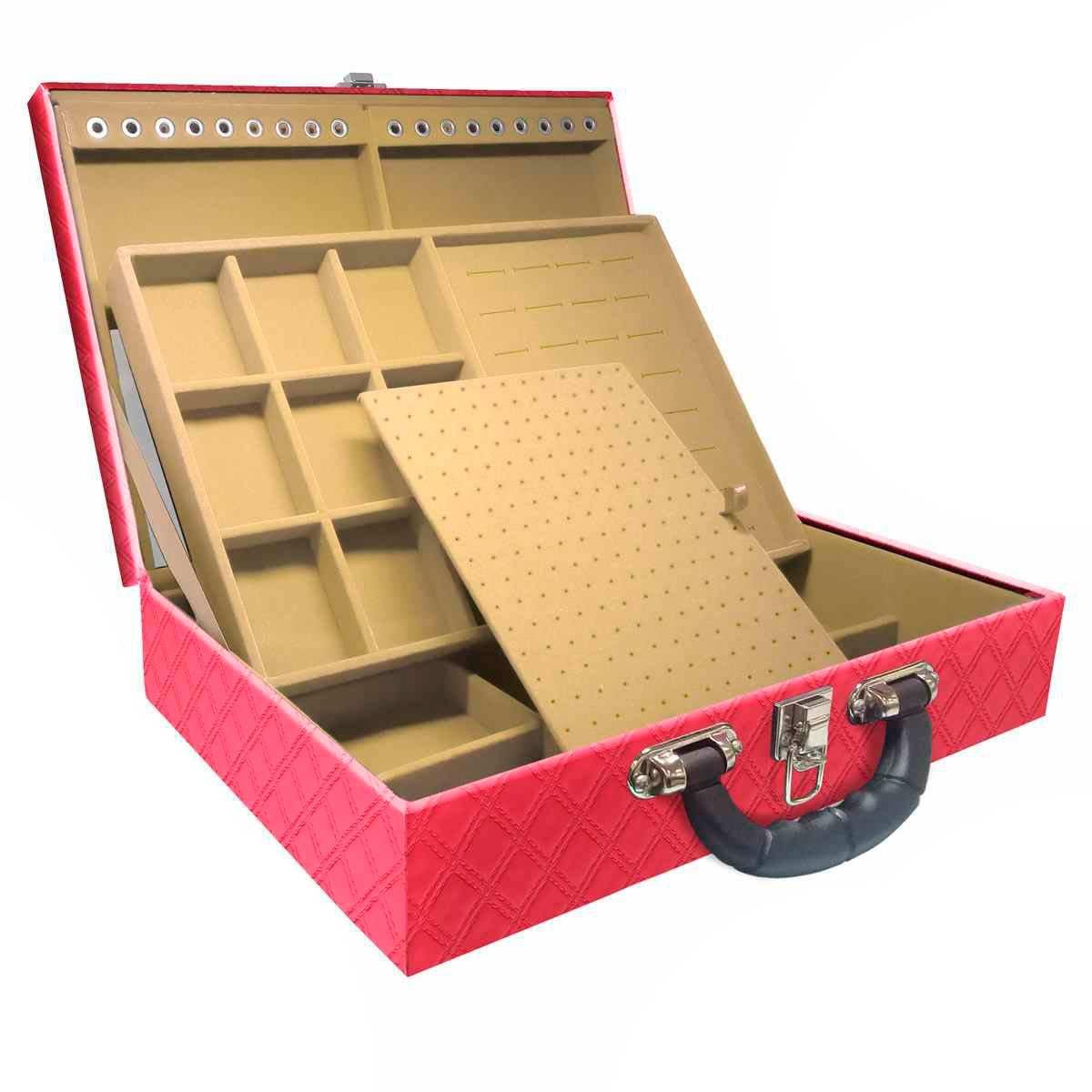 Estojo Maleta Porta Jóias Duplo Grande Channel Pink Metalizada Com Alça Preta e Espelho