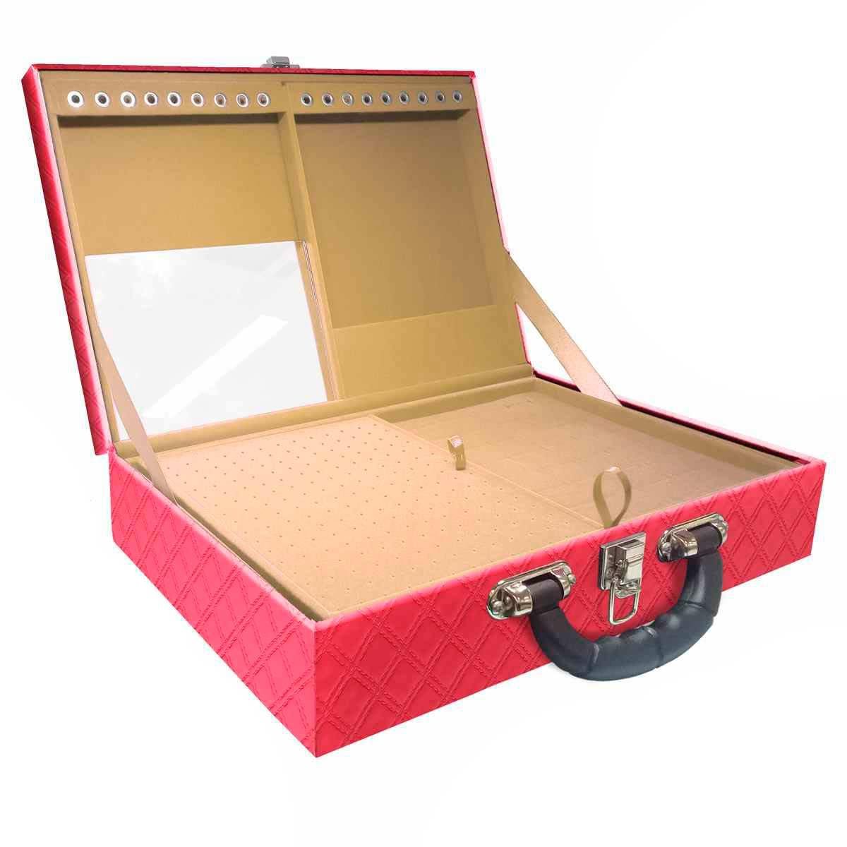 Estojo Maleta Porta Jóias Duplo Grande Channel Pink Metalizada Com Alça Preta e Espelho