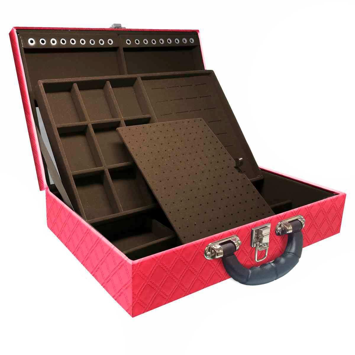 Estojo Maleta Porta Jóias Duplo Grande Channel Pink Metalizada Com Alça Preta e Espelho