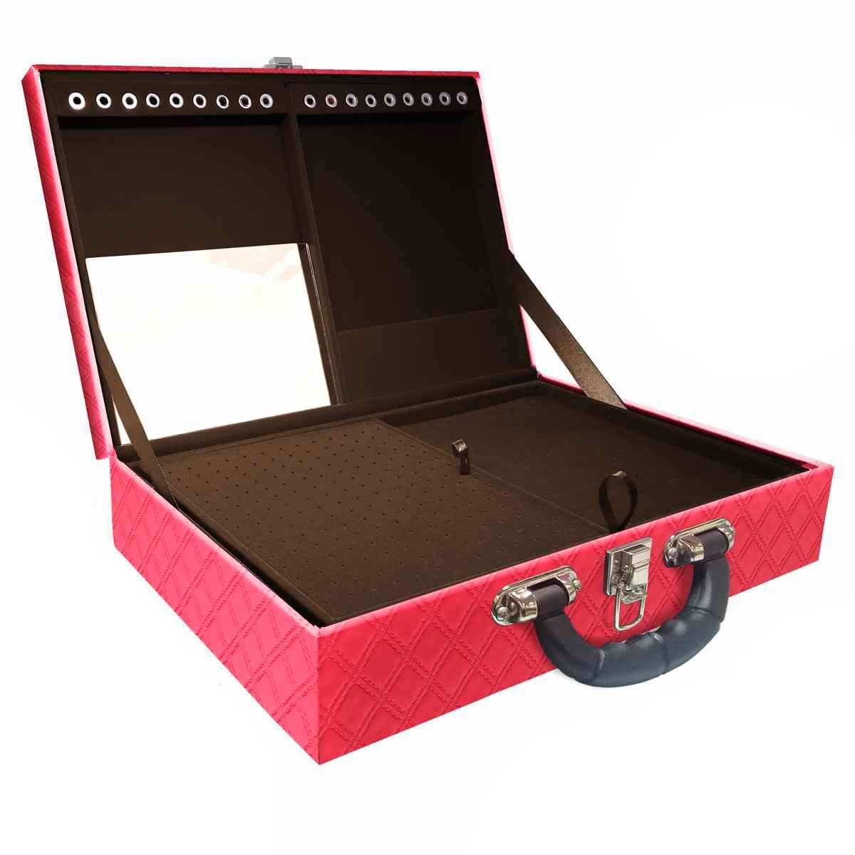 Estojo Maleta Porta Jóias Duplo Grande Channel Pink Metalizada Com Alça Preta e Espelho