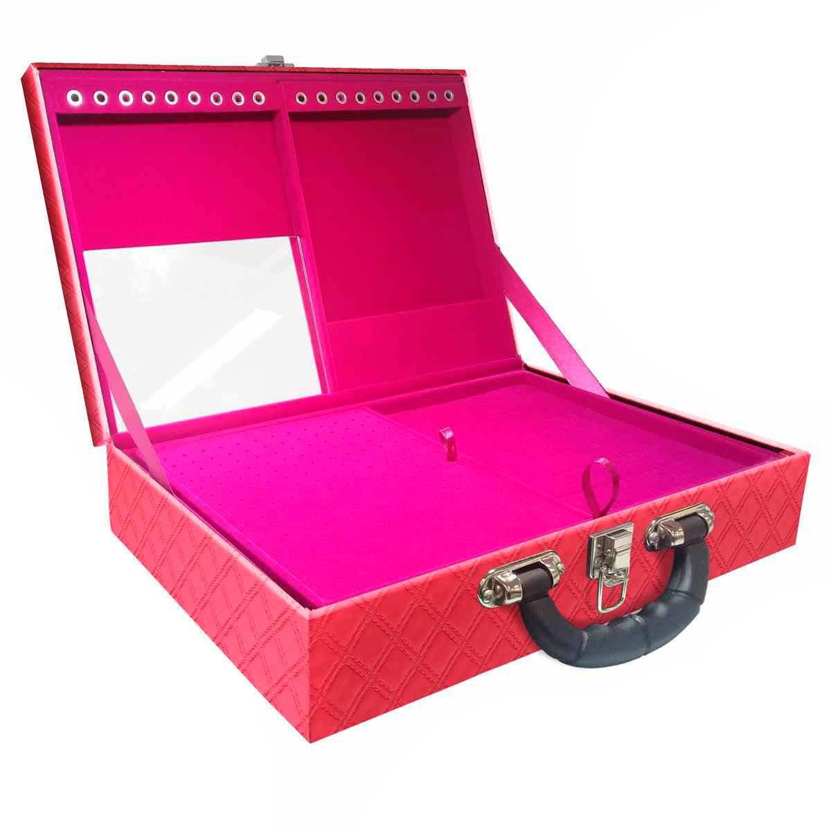 Estojo Maleta Porta Jóias Duplo Grande Channel Pink Metalizada Com Alça Preta e Espelho