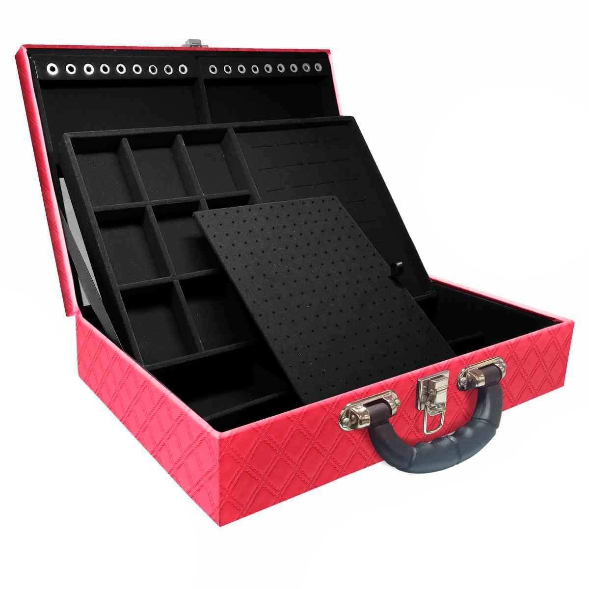 Estojo Maleta Porta Jóias Duplo Grande Channel Pink Metalizada Com Alça Preta e Espelho