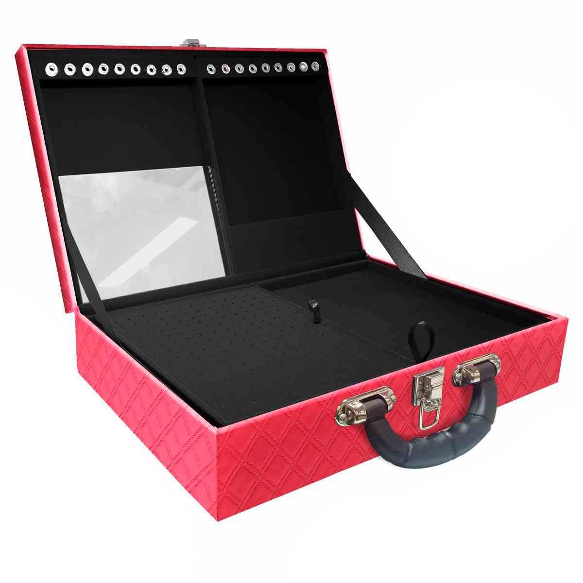 Estojo Maleta Porta Jóias Duplo Grande Channel Pink Metalizada Com Alça Preta e Espelho