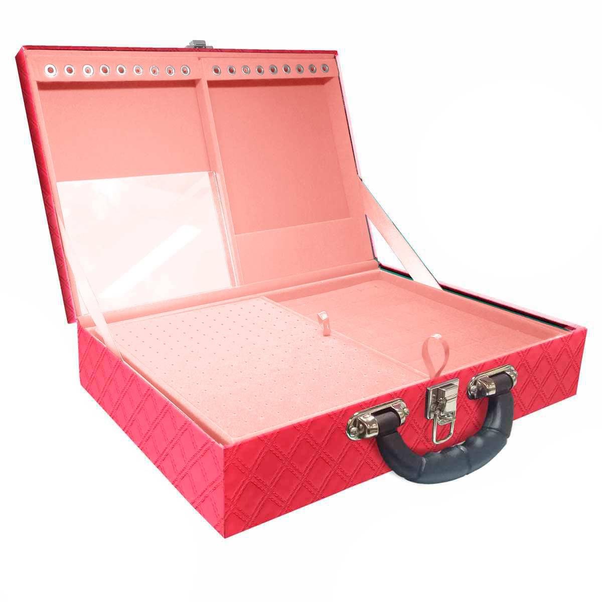Estojo Maleta Porta Jóias Duplo Grande Channel Pink Metalizada Com Alça Preta e Espelho