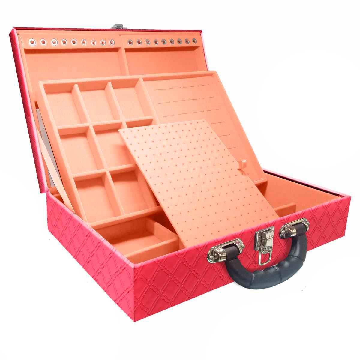 Estojo Maleta Porta Jóias Duplo Grande Channel Pink Metalizada Com Alça Preta e Espelho