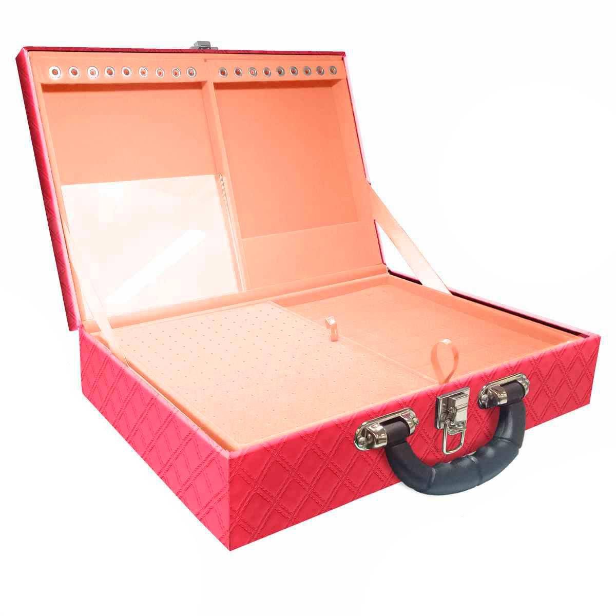 Estojo Maleta Porta Jóias Duplo Grande Channel Pink Metalizada Com Alça Preta e Espelho