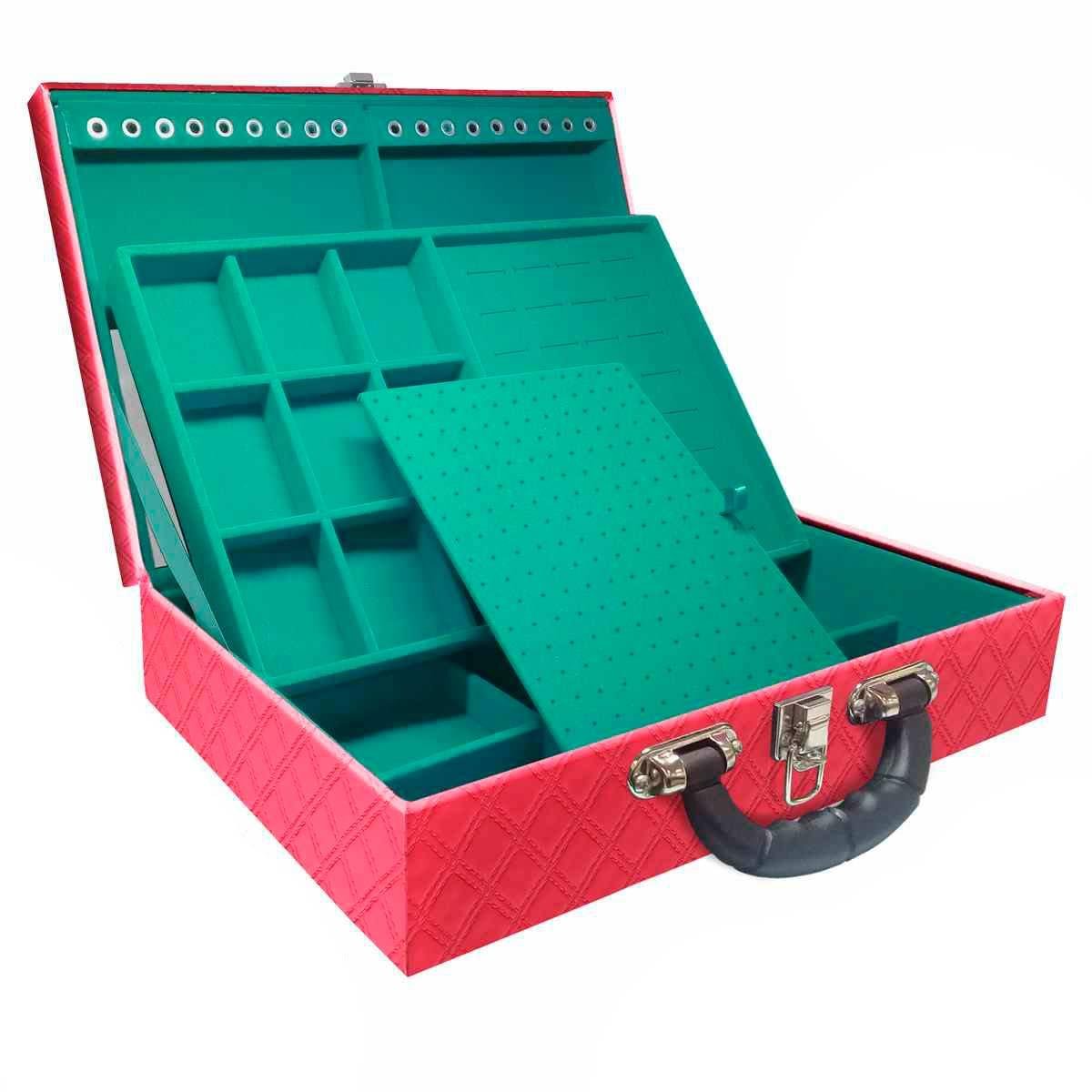 Estojo Maleta Porta Jóias Duplo Grande Channel Pink Metalizada Com Alça Preta e Espelho