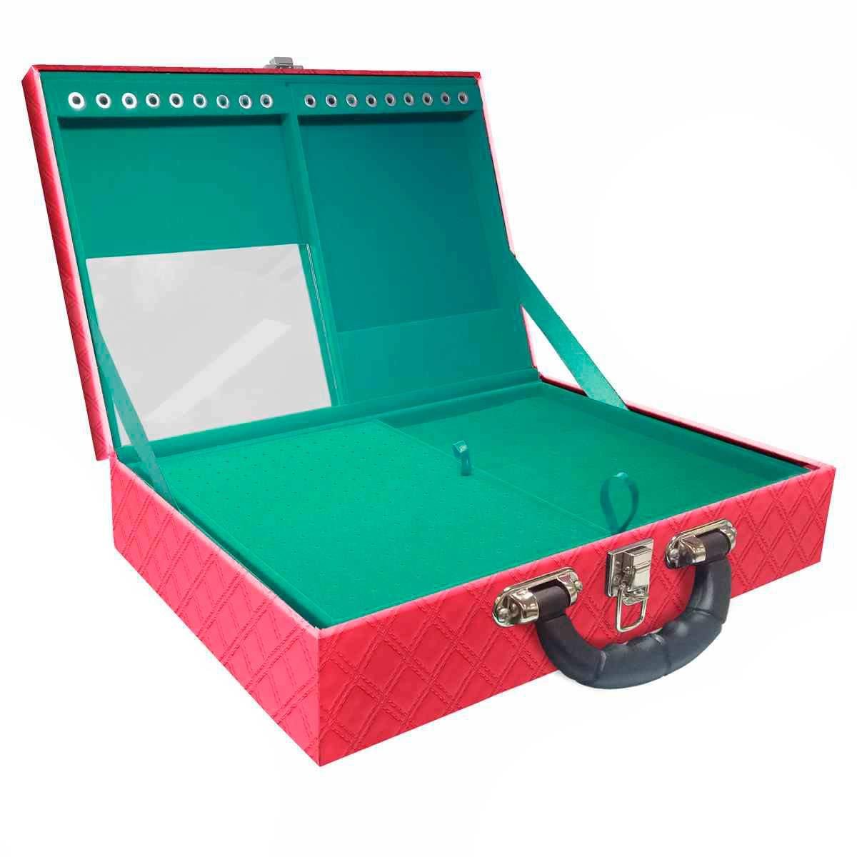 Estojo Maleta Porta Jóias Duplo Grande Channel Pink Metalizada Com Alça Preta e Espelho