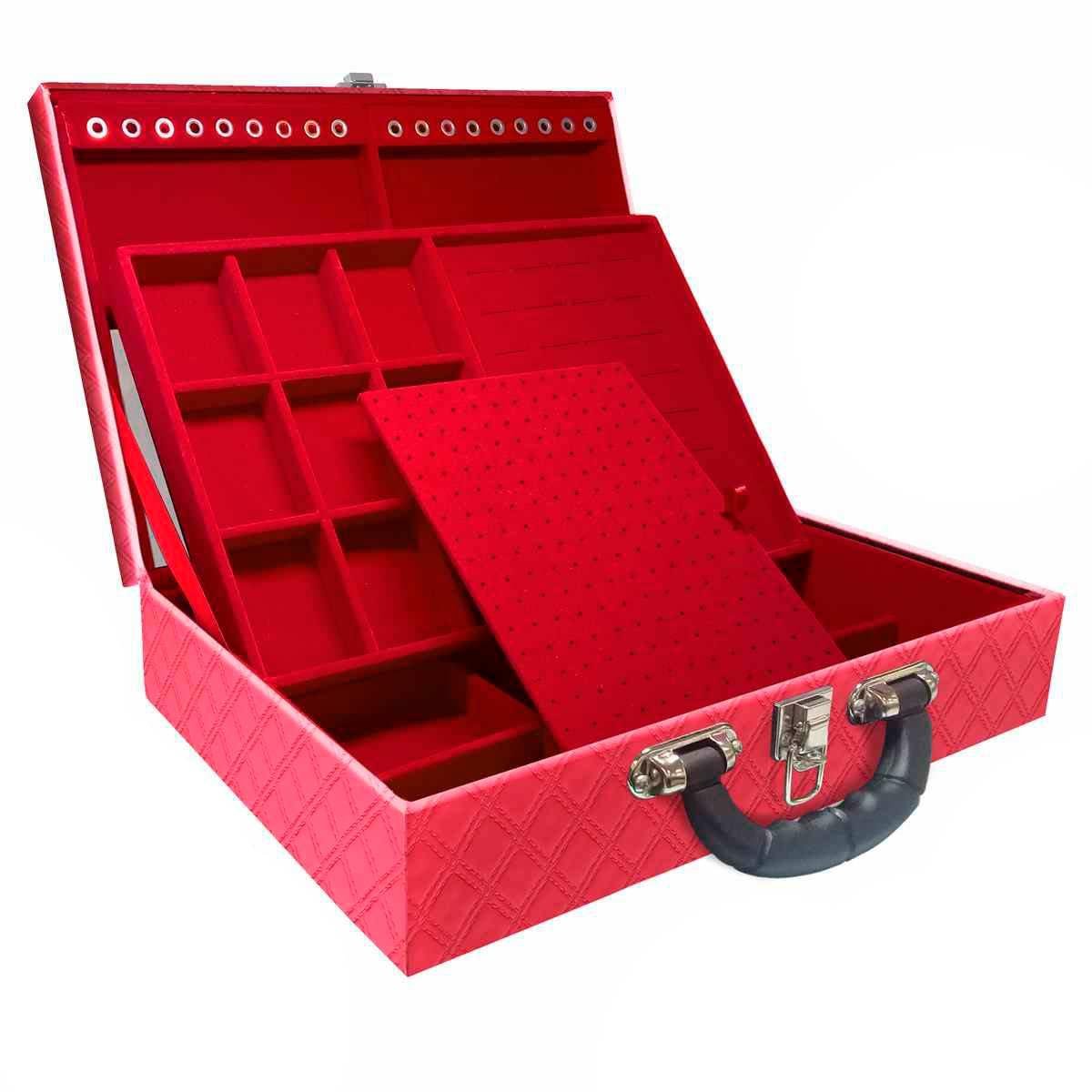 Estojo Maleta Porta Jóias Duplo Grande Channel Pink Metalizada Com Alça Preta e Espelho