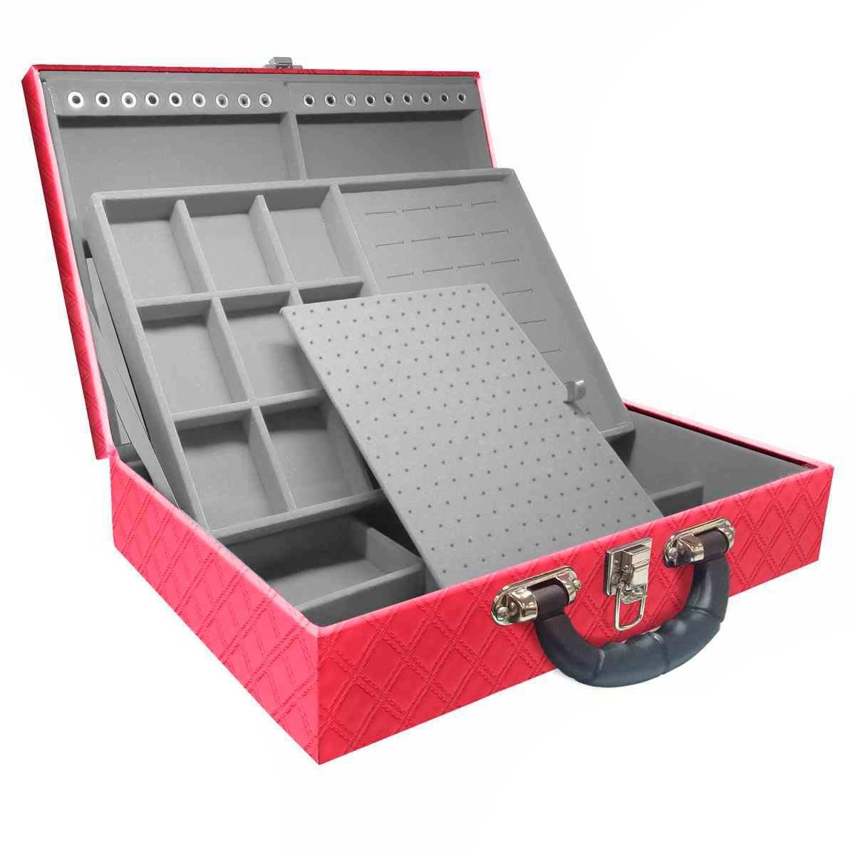 Estojo Maleta Porta Jóias Duplo Grande Channel Pink Metalizada Com Alça Preta e Espelho