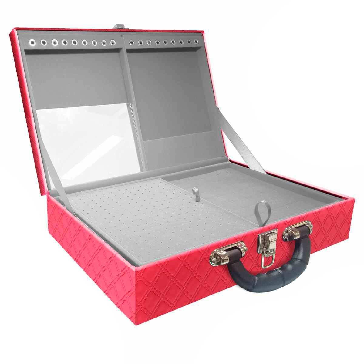 Estojo Maleta Porta Jóias Duplo Grande Channel Pink Metalizada Com Alça Preta e Espelho