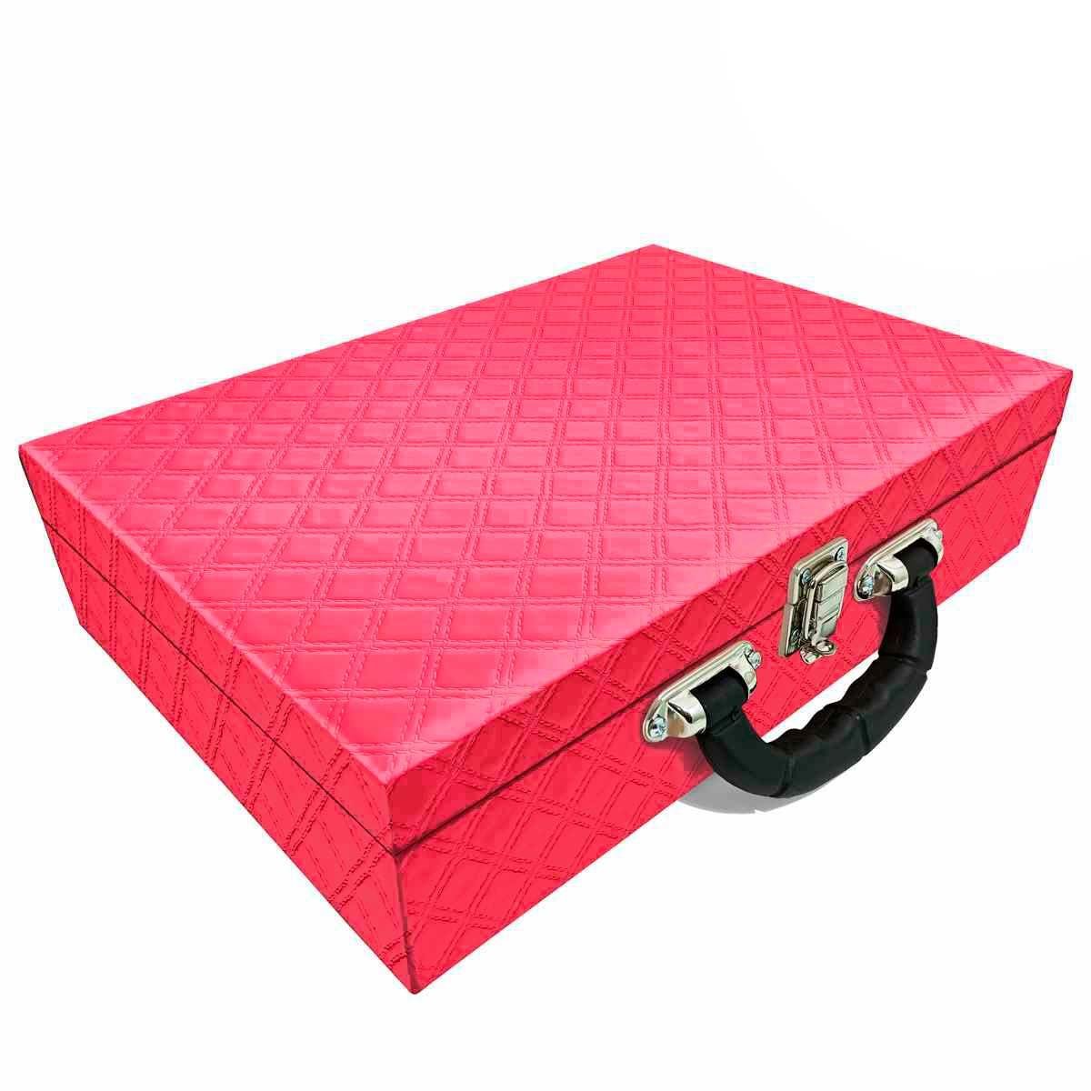 Estojo Maleta Porta Jóias Duplo Grande Channel Pink Metalizada Com Alça Preta e Espelho