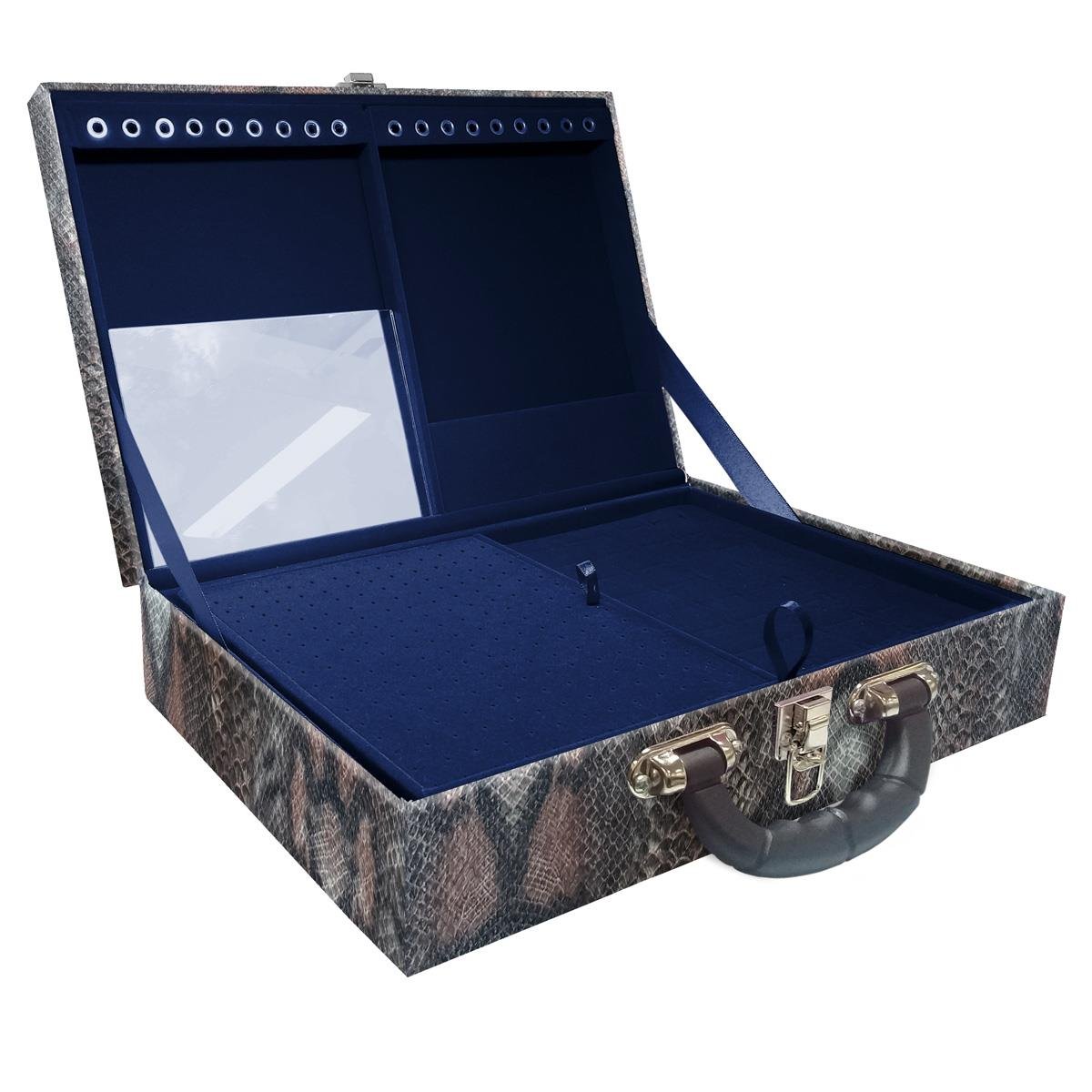 Estojo Maleta Porta Jóias Duplo Grande Cobra Com Alça Preta e Espelho