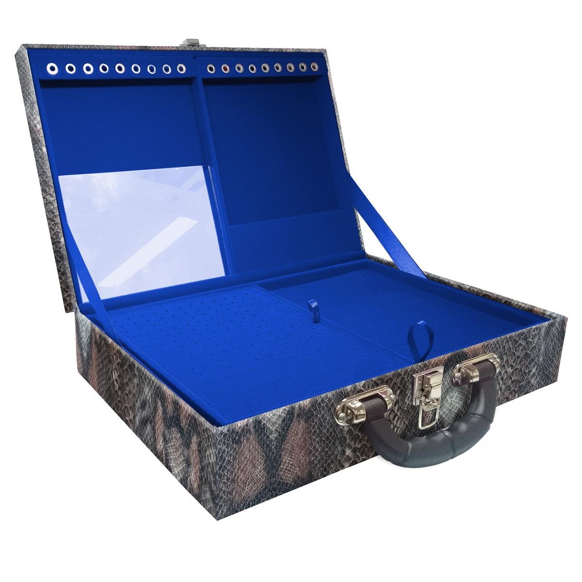 Estojo Maleta Porta Jóias Duplo Grande Cobra Com Alça Preta e Espelho