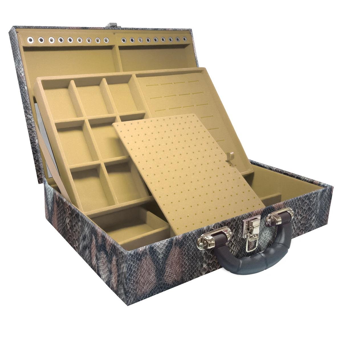 Estojo Maleta Porta Jóias Duplo Grande Cobra Com Alça Preta e Espelho