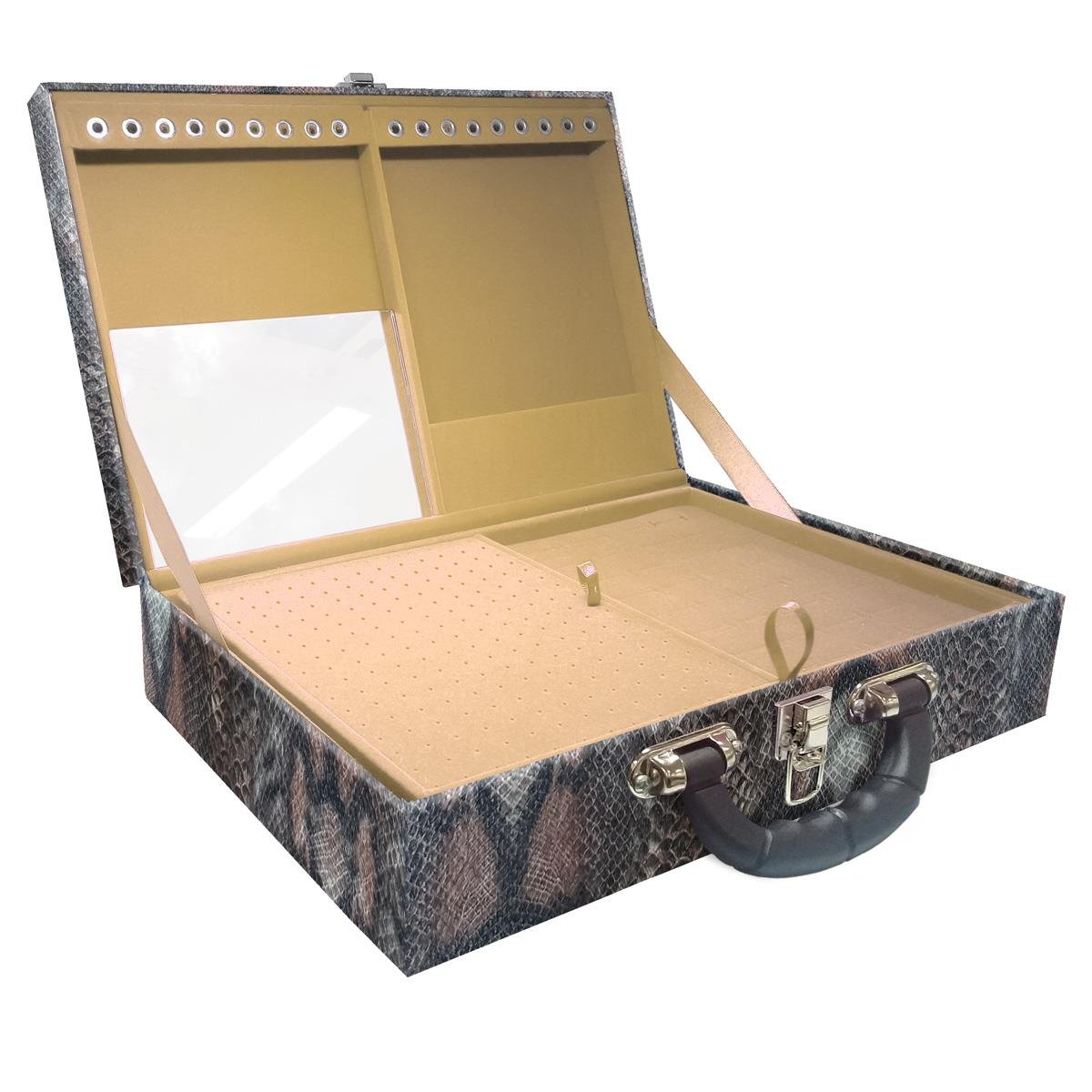 Estojo Maleta Porta Jóias Duplo Grande Cobra Com Alça Preta e Espelho