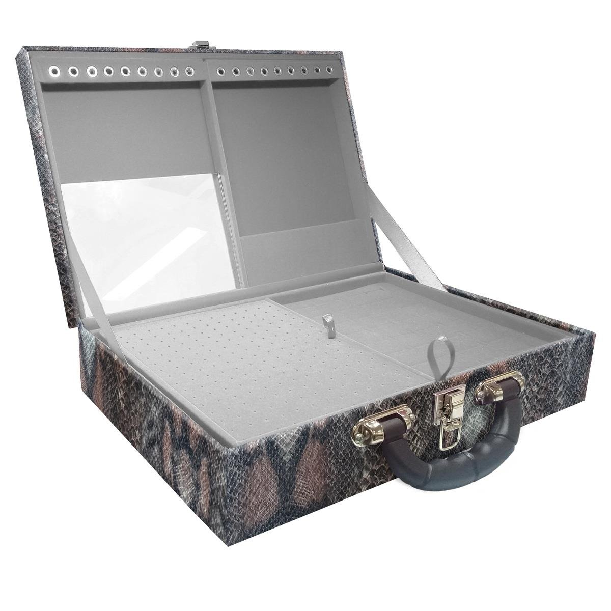 Estojo Maleta Porta Jóias Duplo Grande Cobra Com Alça Preta e Espelho