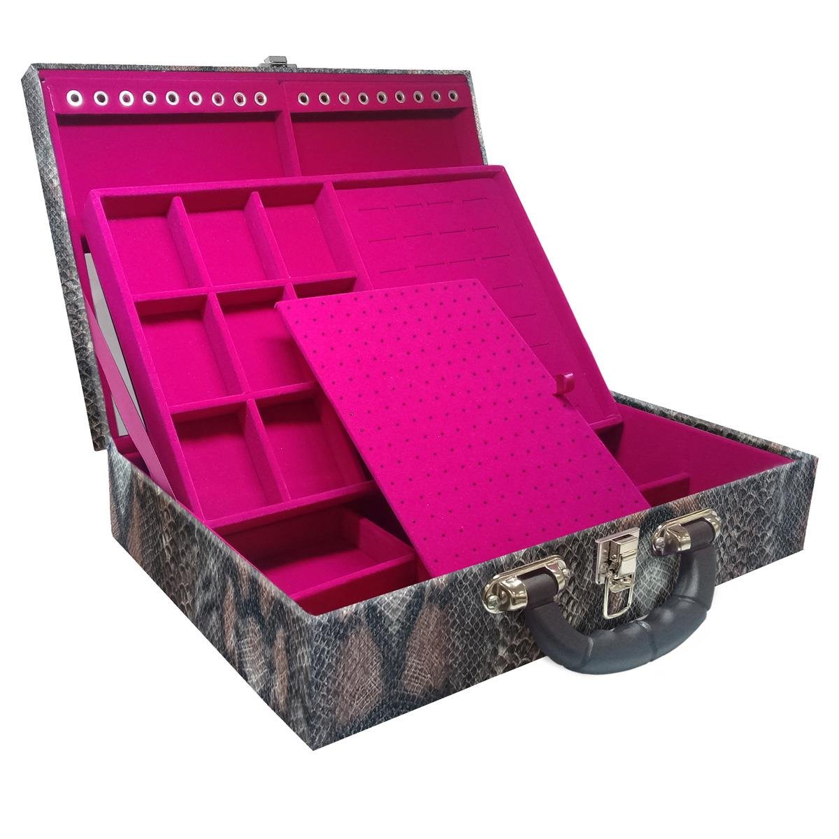 Estojo Maleta Porta Jóias Duplo Grande Cobra Com Alça Preta e Espelho