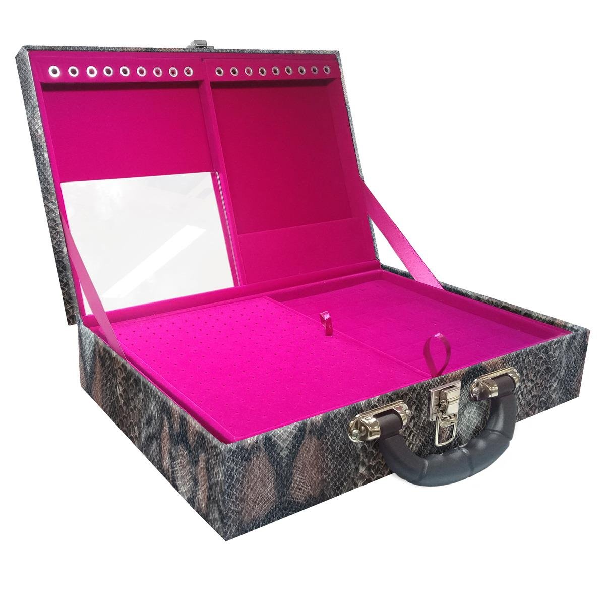 Estojo Maleta Porta Jóias Duplo Grande Cobra Com Alça Preta e Espelho