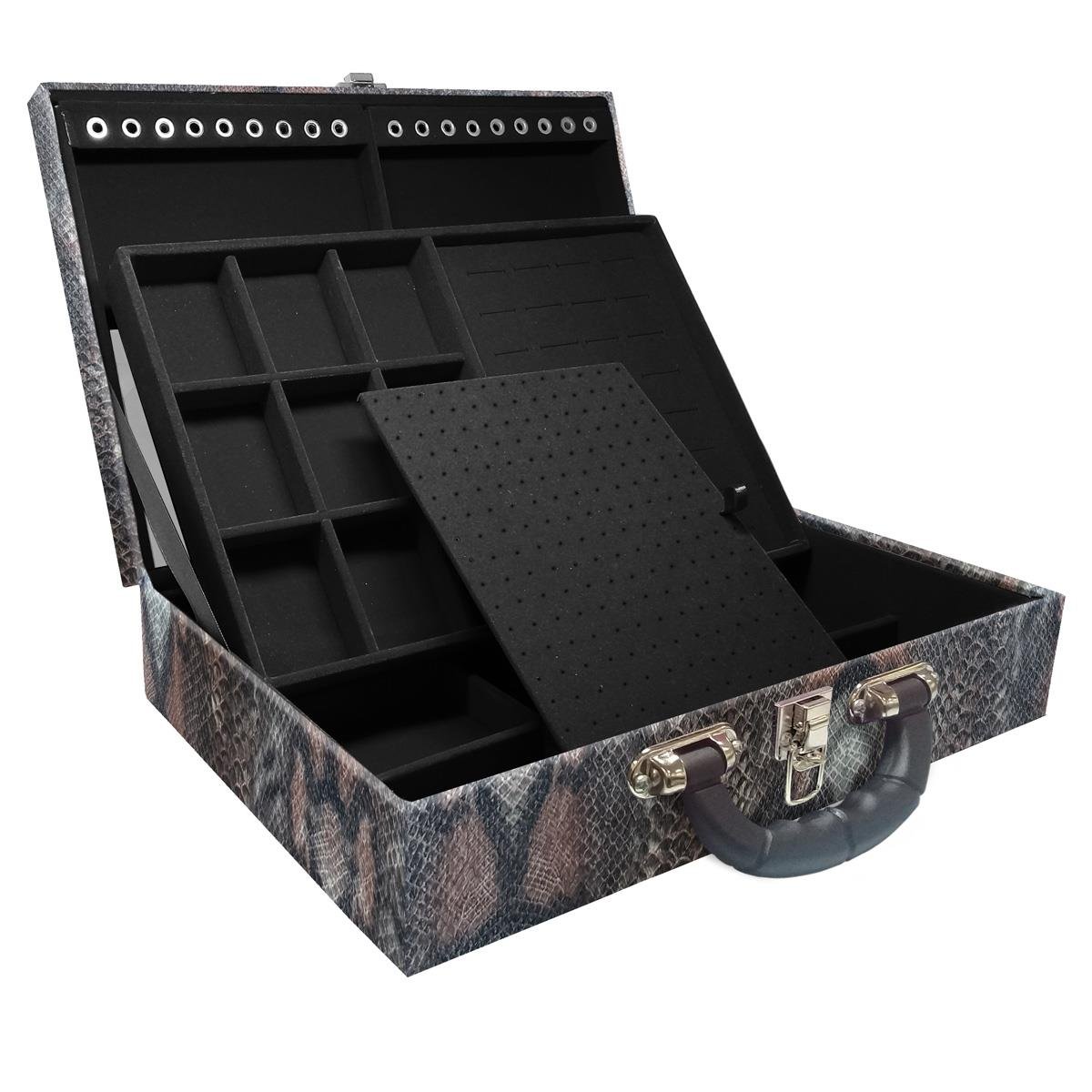 Estojo Maleta Porta Jóias Duplo Grande Cobra Com Alça Preta e Espelho