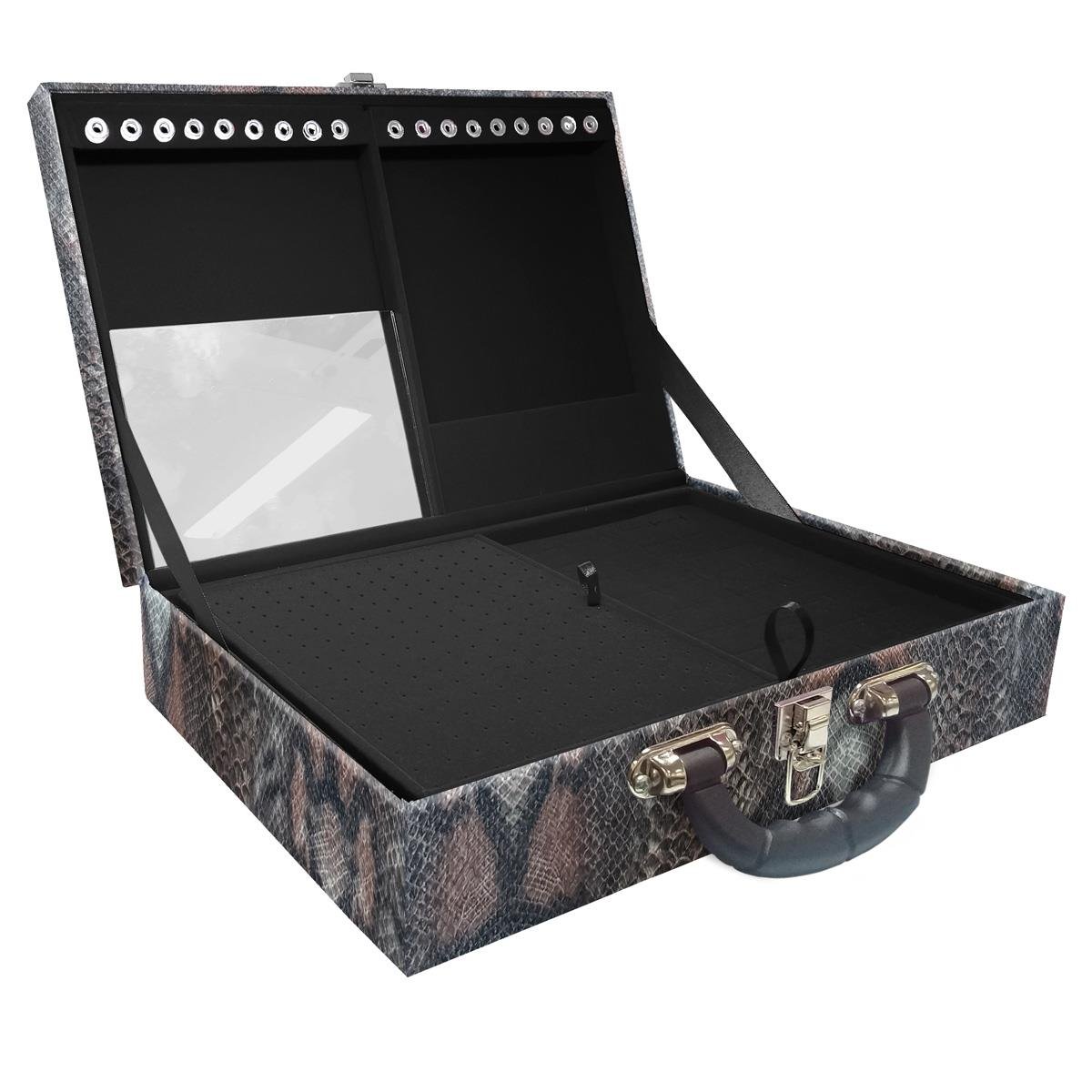 Estojo Maleta Porta Jóias Duplo Grande Cobra Com Alça Preta e Espelho