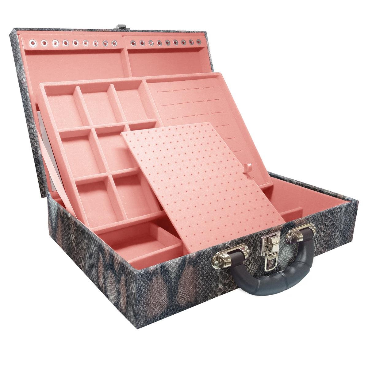 Estojo Maleta Porta Jóias Duplo Grande Cobra Com Alça Preta e Espelho