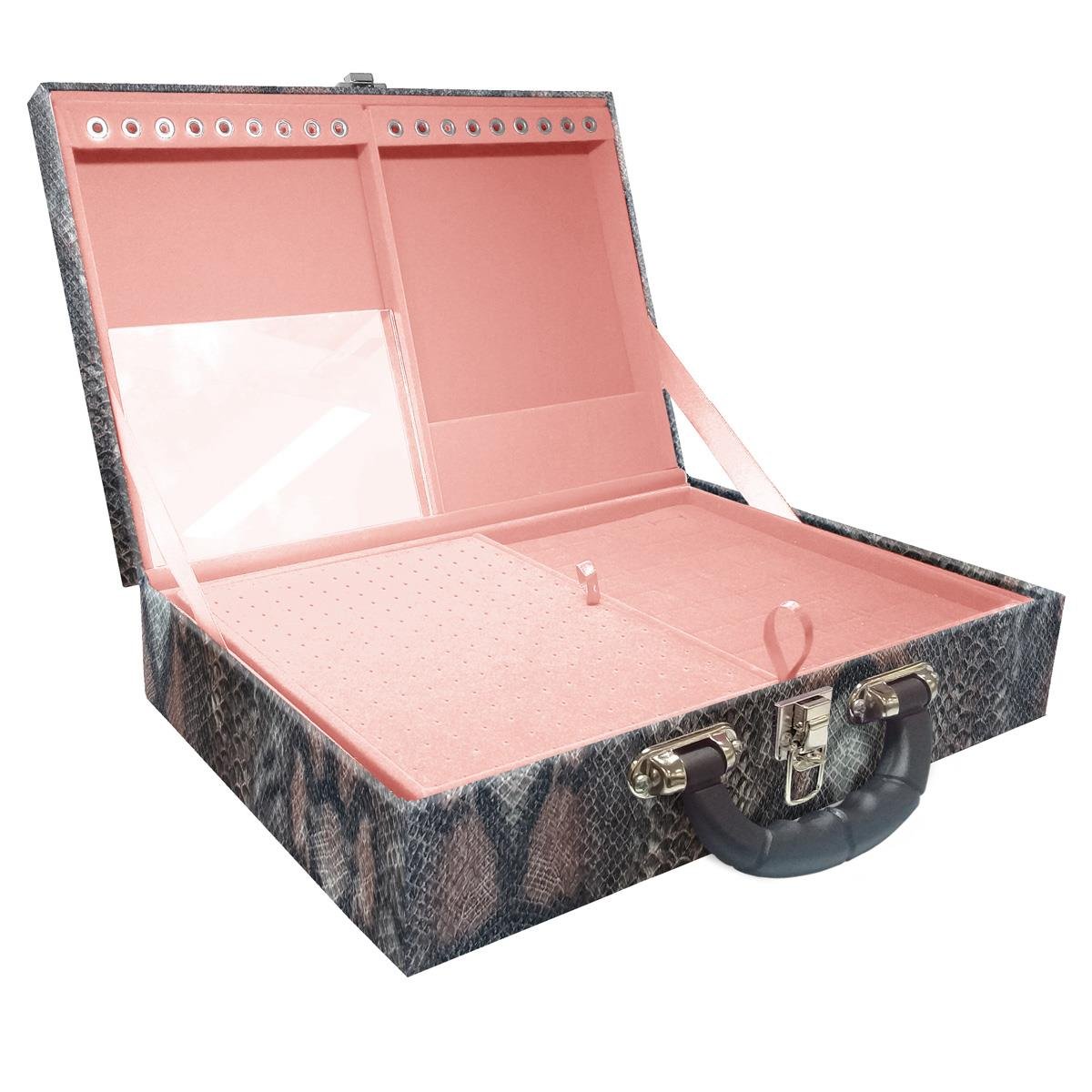 Estojo Maleta Porta Jóias Duplo Grande Cobra Com Alça Preta e Espelho