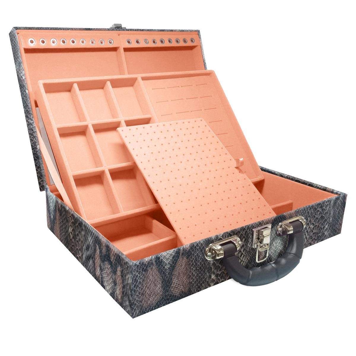 Estojo Maleta Porta Jóias Duplo Grande Cobra Com Alça Preta e Espelho