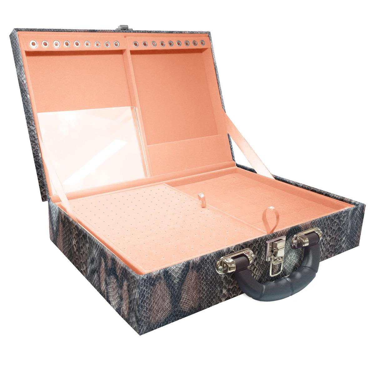 Estojo Maleta Porta Jóias Duplo Grande Cobra Com Alça Preta e Espelho