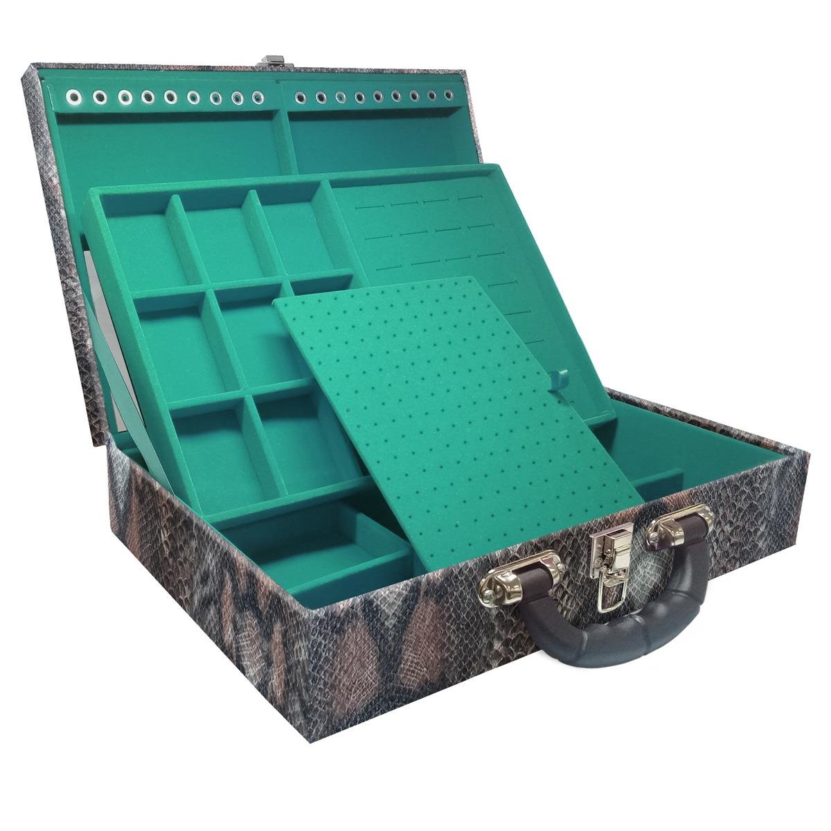 Estojo Maleta Porta Jóias Duplo Grande Cobra Com Alça Preta e Espelho