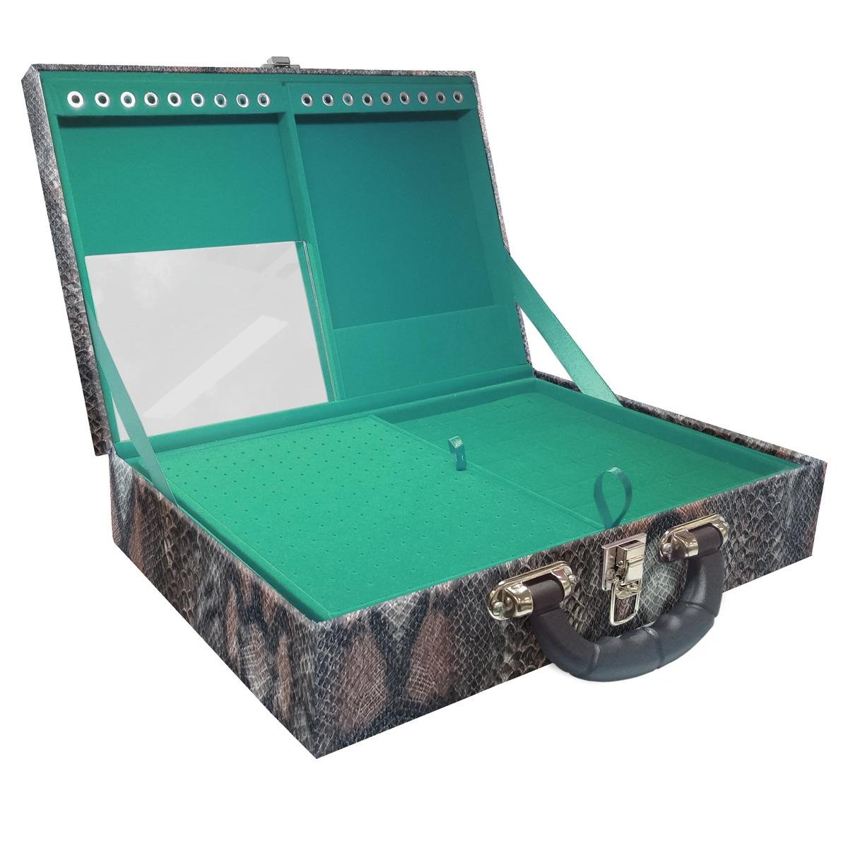Estojo Maleta Porta Jóias Duplo Grande Cobra Com Alça Preta e Espelho