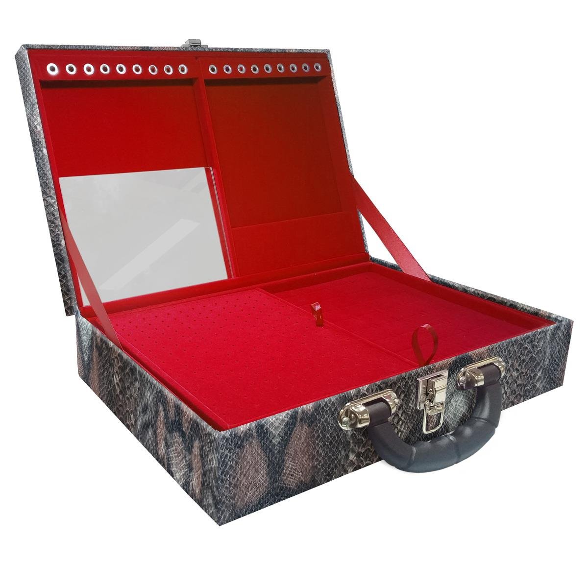 Estojo Maleta Porta Jóias Duplo Grande Cobra Com Alça Preta e Espelho