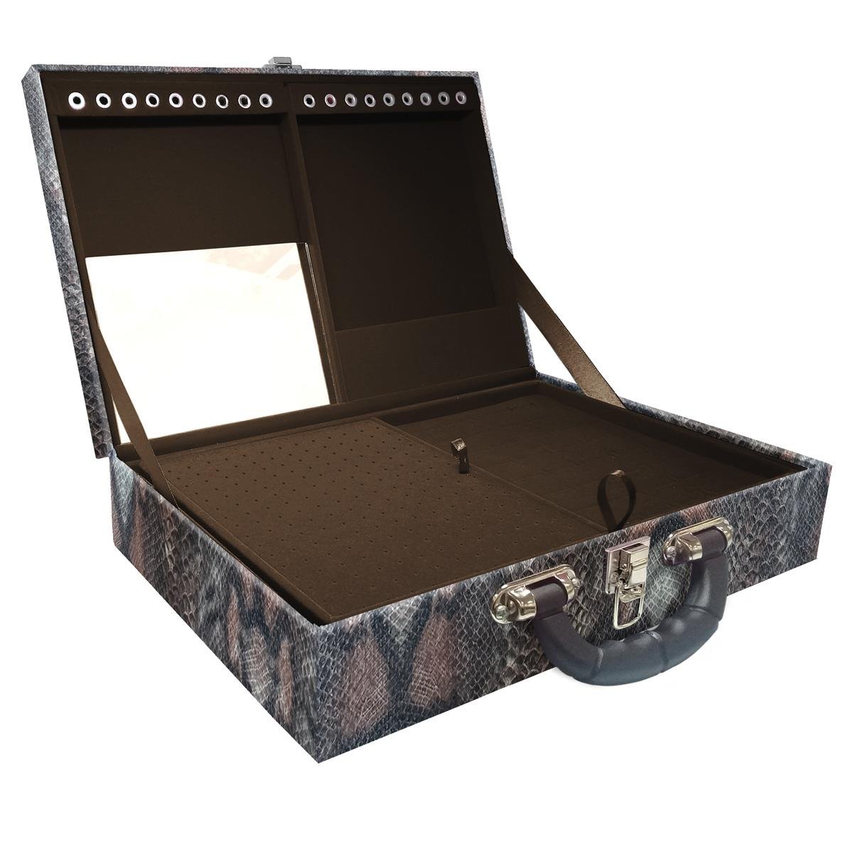 Estojo Maleta Porta Jóias Duplo Grande Cobra Com Alça Preta e Espelho