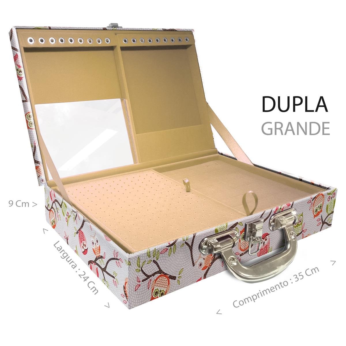 Estojo Maleta Porta Jóias Duplo Grande Coruja Fundo Rosa Com Alça Cromada e Espelho