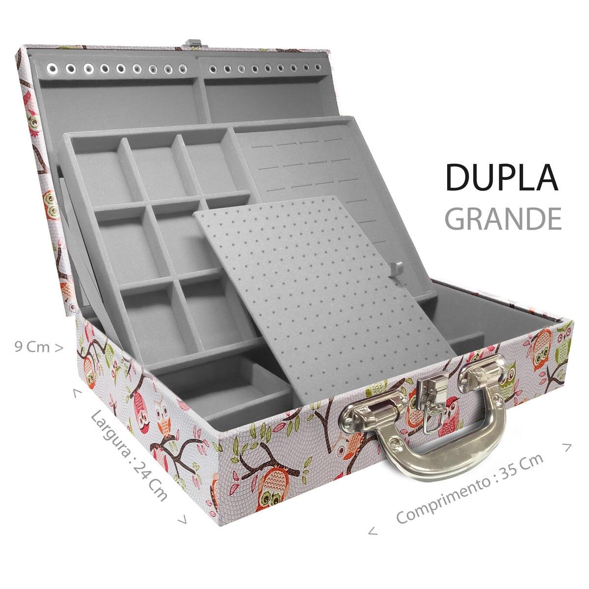 Estojo Maleta Porta Jóias Duplo Grande Coruja Fundo Rosa Com Alça Cromada e Espelho