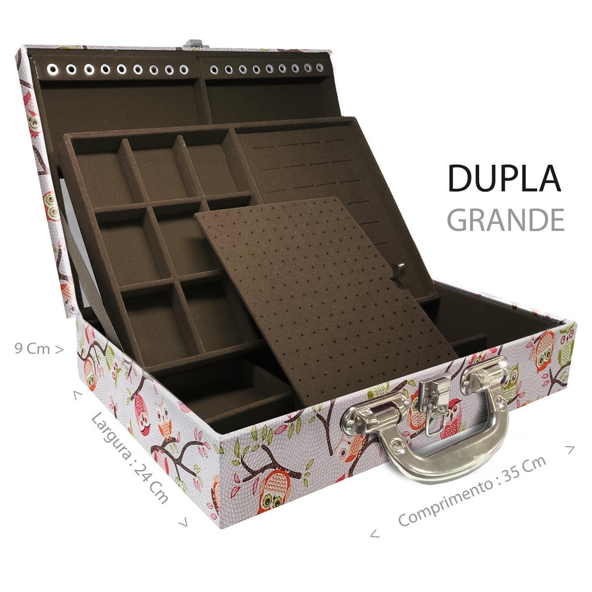 Estojo Maleta Porta Jóias Duplo Grande Coruja Fundo Rosa Com Alça Cromada e Espelho