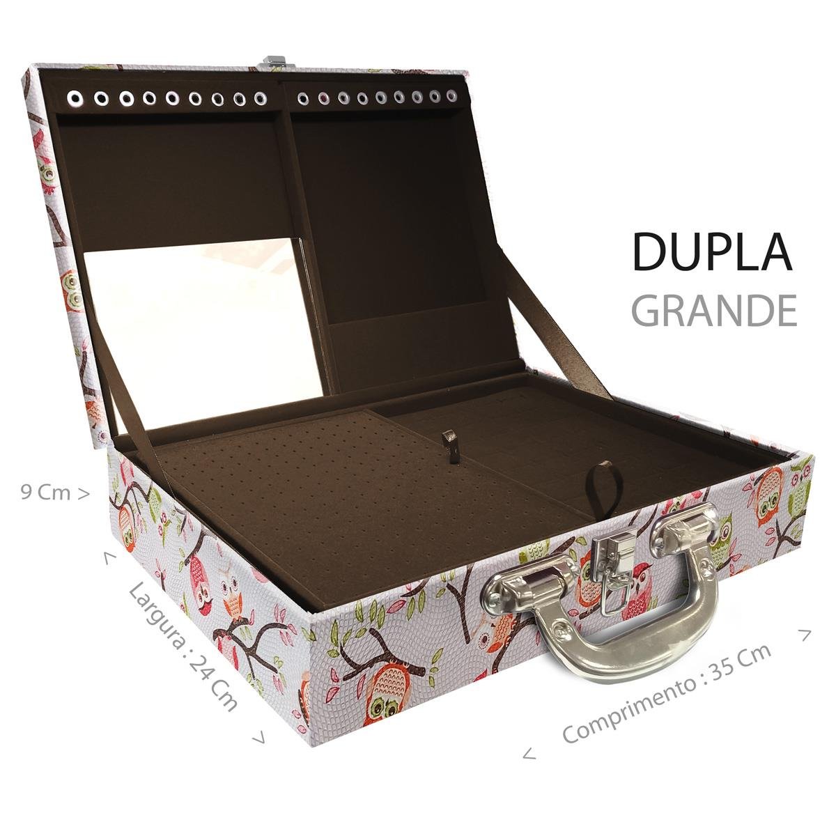 Estojo Maleta Porta Jóias Duplo Grande Coruja Fundo Rosa Com Alça Cromada e Espelho