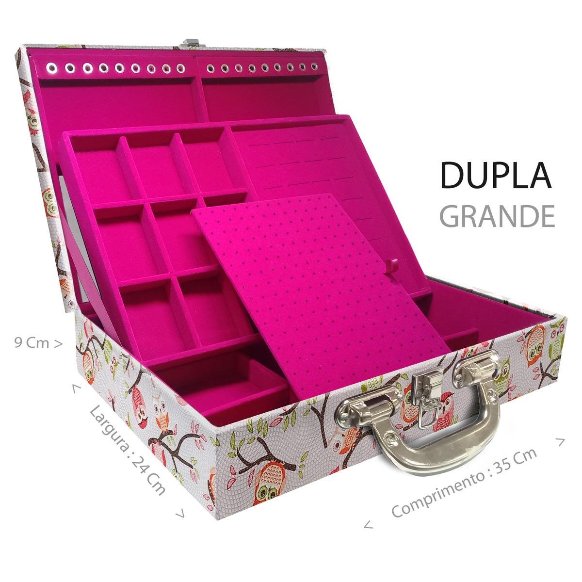 Estojo Maleta Porta Jóias Duplo Grande Coruja Fundo Rosa Com Alça Cromada e Espelho