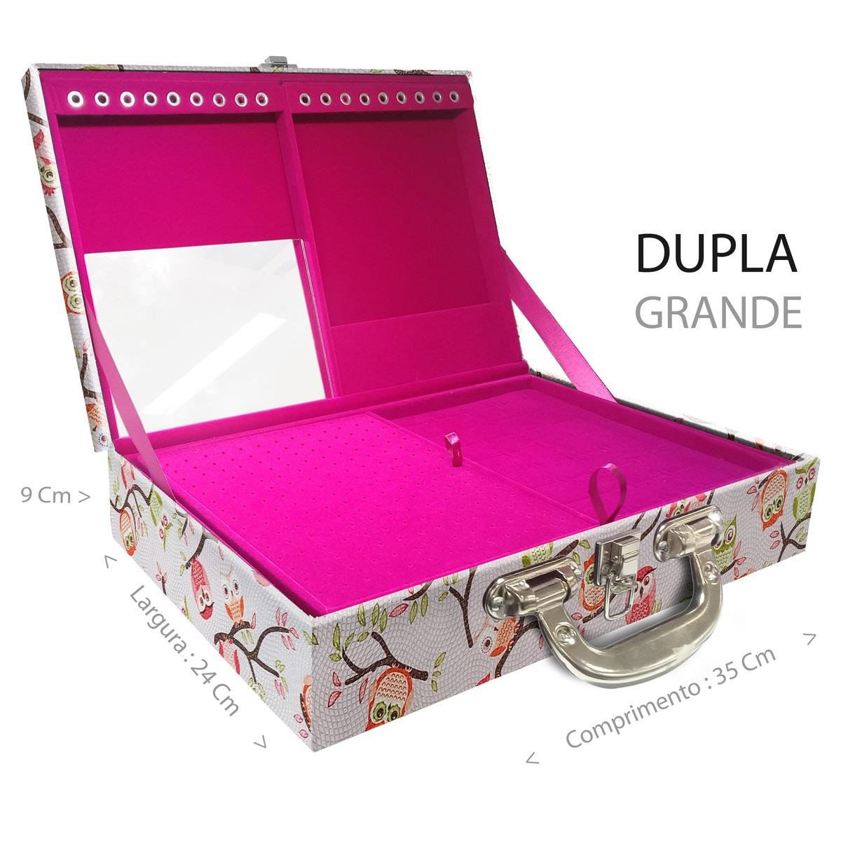 Estojo Maleta Porta Jóias Duplo Grande Coruja Fundo Rosa Com Alça Cromada e Espelho