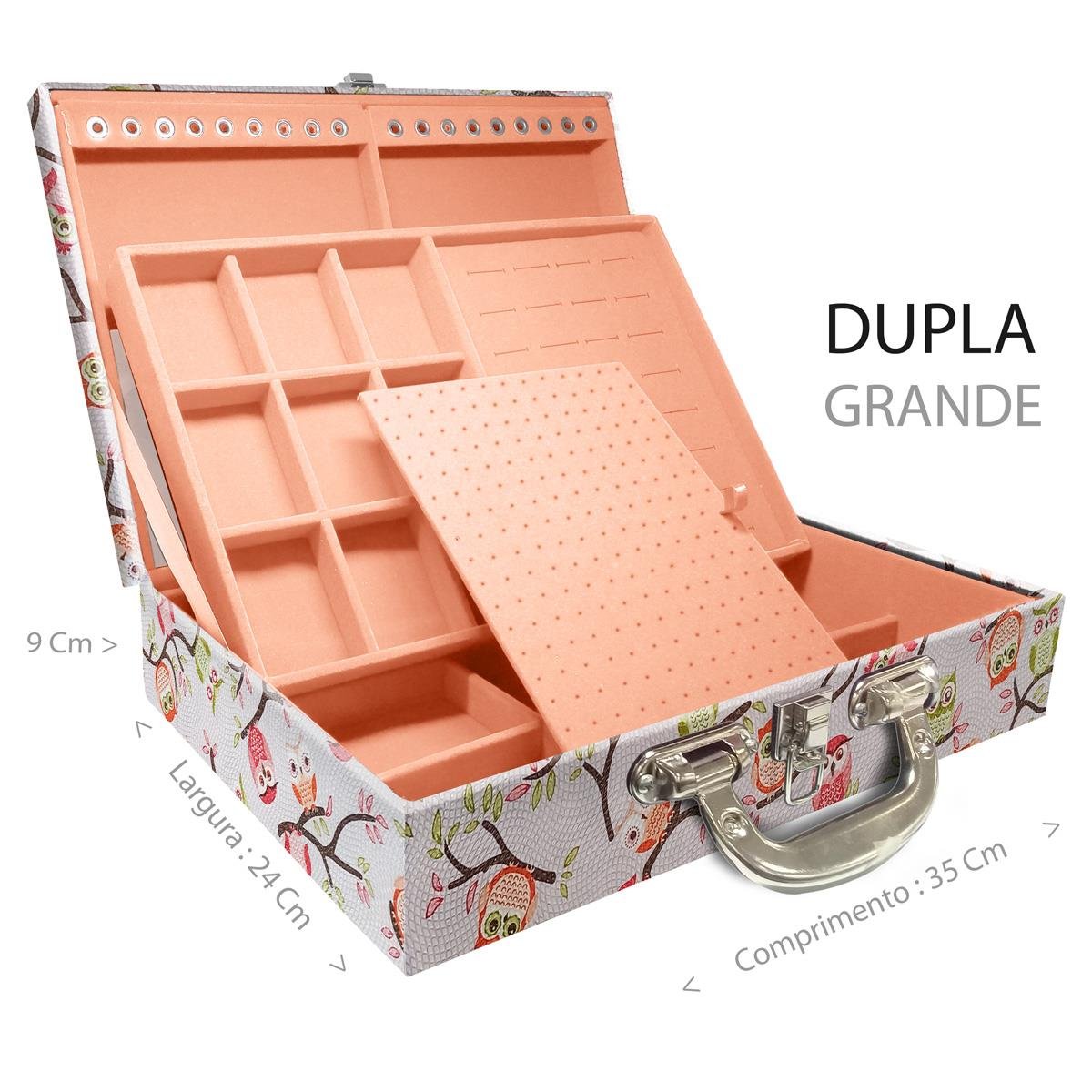 Estojo Maleta Porta Jóias Duplo Grande Coruja Fundo Rosa Com Alça Cromada e Espelho